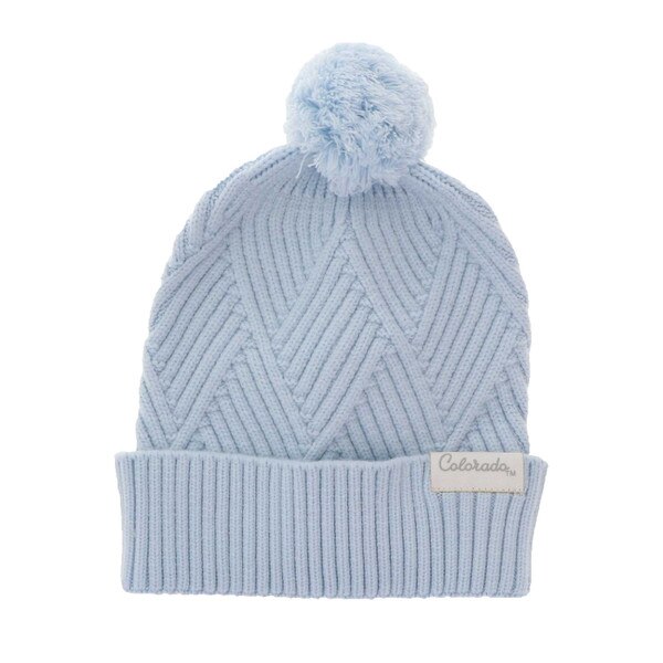 A light blue knitted beanie with a pom-pom on the top, as well as a small white tag that says "Colorado" in gray script on the front.